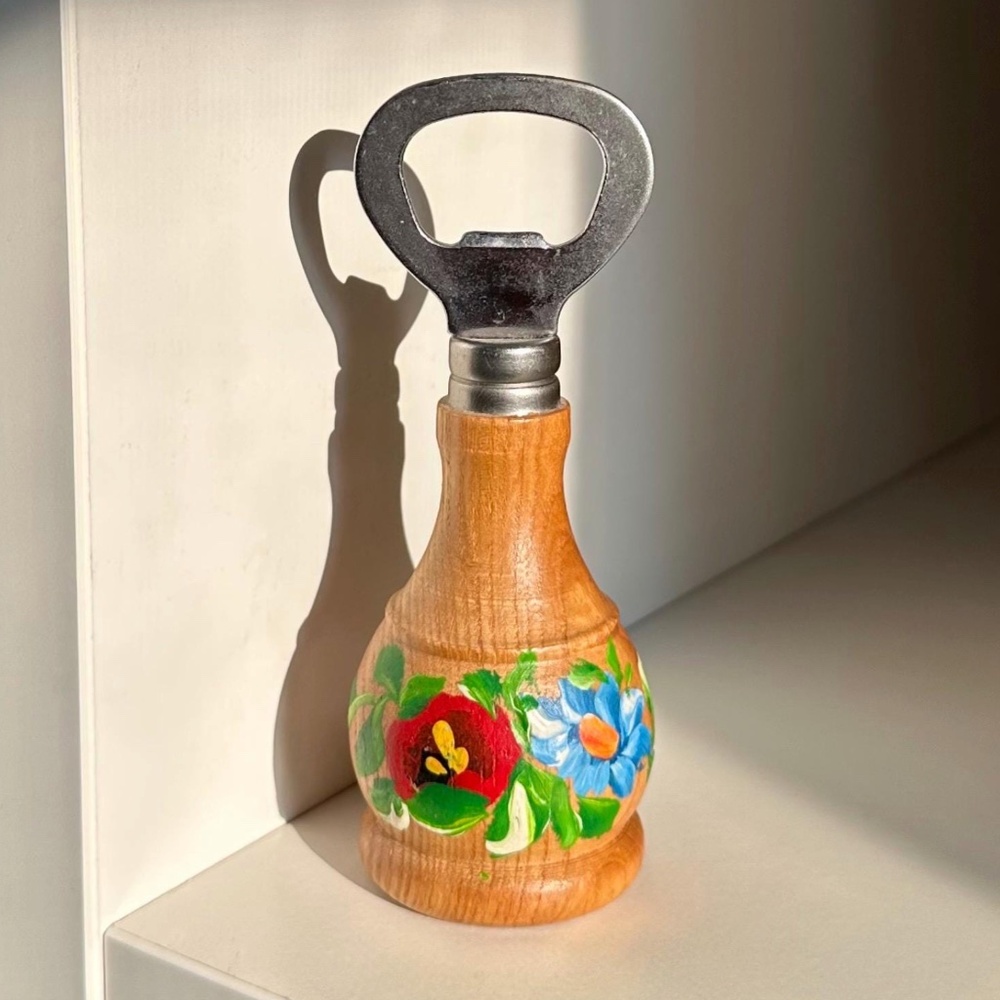 Vintage Metal and Floral Painted Wood Handheld Bottle Opener • MCM 60s - Bar